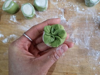 20、八宝百财蒸饺,收口后的饺子下面是白色的，上面是绿色，就像一颗白菜。