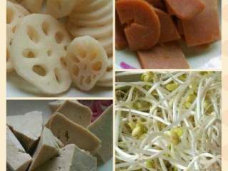 2、四川毛血旺,莲藕切片，火腿，豆腐，豆芽备用