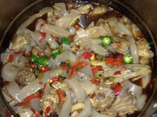 14、魔芋啤酒鸭,加入二荆条，盐、味精、味极鲜酱油调味即可