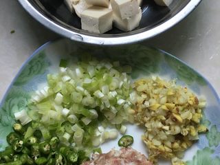 1、麻婆豆腐,如图把这些配料切好备用，豆腐要汆水备用，