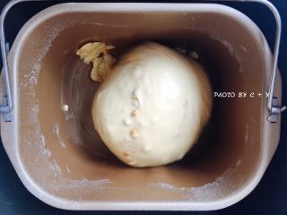 3、颗颗香浓花生粒入口的南瓜乳酪软欧包,在15分钟左右时加入剩余的黄油，继续和面。
