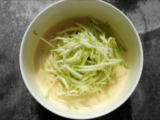 6、西葫芦早餐饼,杀出水份的西葫芦丝中加入打散的鸡蛋、适量面粉，家里用的普通面粉就行