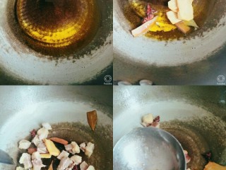 6、牛肉炖土豆,然后锅里倒油,放入食材,八角,桂皮,香叶,姜片,炒出香味