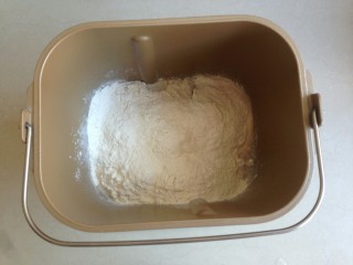 3、莲藕排包,加入面粉和切成小块的黄油，在面粉顶端加入酵母，面包桶放入到面包机内，选择和面程序，十分钟。