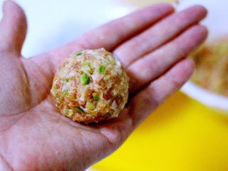 12、萝卜丸子&海鲜煲,取少许馅料放在手上团成圆形丸子