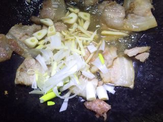 7、五花肉酱焖萝卜,放入葱姜蒜翻炒