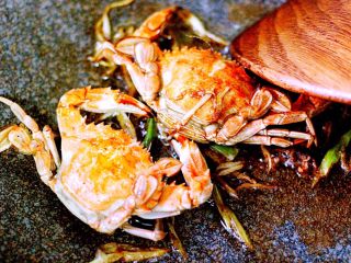 8、海鲜烩年糕,先把螃蟹放入锅中煸炒片刻……