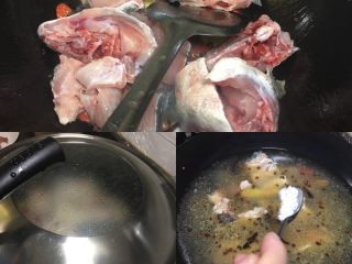 2、家庭版水煮活鱼,将鱼头，鱼排放入锅中翻炒，盖上锅盖焖8分钟；然后开始加水，加适量的盐，盖上锅盖，等水沸腾