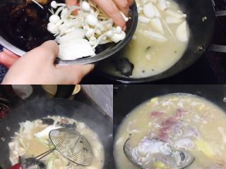 4、家庭版水煮活鱼,汤不够的话这时候可以加点水哦，水沸腾了可以放入金针菇、白菜、杏鲍菇、木耳等，然后就是下鱼片，约10分钟左右就都熟了