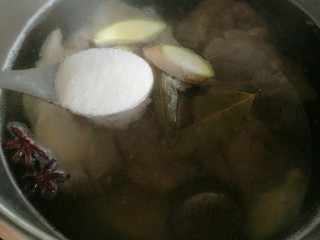 9、白切羊肉,加入两勺盐，大火煮开。