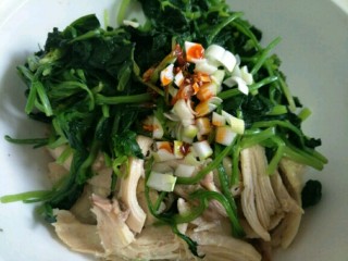 11、凉拌鸡肉菠菜,加入红油、葱花～