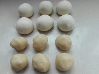 6、糖酥火烧,发酵过的面团进一步搓揉方法，揉均匀，同油酥分别各等分六份