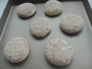 15、糖酥火烧,收口朝下，稍微按压成圆饼，表面刷蛋液或者水，表面沾上芝麻，再次轻轻按压，防止芝麻散