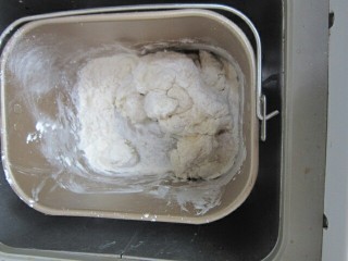 2、葡萄干小餐包,发酵好的中种面团撕成小块，加入主面团除橄榄油油外的材料混合揉成光滑面团。