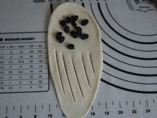 7、葡萄干小餐包,松弛好的面团擀成椭圆形。尾端压薄边用刮板在面片下半边划几刀不要切断。