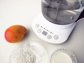 2、芒果西米露,壶中加1.5升冷水，选择“开水”程序，煮沸