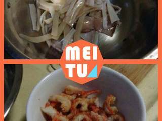 2、潮汕砂锅粥,鱿鱼泡软后剪成丝或是切花都可以，一定要竖着剪哦。虾米泡软去壳洗净。