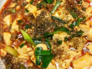 4、家常麻婆豆腐,热锅下菜油冒烟，下牛肉法炒至变色发白，郫县豆办，炒.至出红油加水下酱油生抽烧开，下豆腐煮开，下香蒜苗煮开两分钟，下水豆粉勾欠。略煮汤浓起锅装盘，趁热再撒上花椒面。