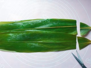 4、蜜枣西米粽子,开始包粽子：先取两张粽叶（如果你的粽叶够宽大，那么一张就可以），用厨房专用小剪刀修剪两头；