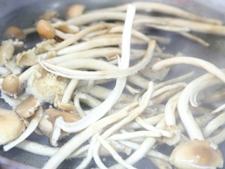 5、滋补茶树菇老鸭汤,茶树菇去根后,另起锅烧水下茶树菇焯水,煮沸后捞出备用~