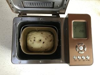 6、面包机版红枣果仁面包,发酵结束，手指沾干面粉插入拔起，洞口不回缩不塌陷即完成。