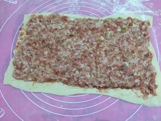 4、肉龙,如图将肉馅均匀的铺在面片上，可以留边也可以不留