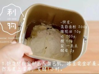 1、家庭版手握披萨,饼皮材料全部丢入面包机，揉至完全扩展。然后盖上湿布，发酵1小时