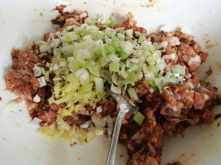 8、石蛤蟆水饺（博山水饺的包法）,然后加入生抽、老抽、胡椒粉，再加入葱姜末拌匀。