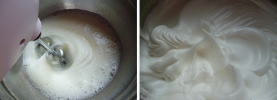 2、小小蛋糕卷～～派对里的宠儿,蛋白中加入少许柠檬汁搅打至起粗泡后分三次加入细砂糖B，把蛋白完全打发，提起打蛋头后呈尖角状。