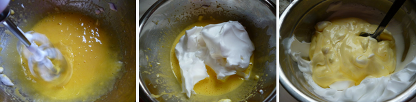 4、小小蛋糕卷～～派对里的宠儿,取少部分蛋白加入到蛋黄中，略拌匀后倒回入蛋白中，翻拌至成大理石纹状，分两次加入过筛的低粉，用刮刀以切拌的方式搅拌均匀，既成蛋糕面糊。