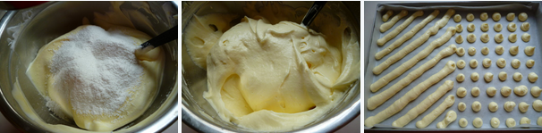 5、小小蛋糕卷～～派对里的宠儿,取约一半的面糊装入有平头挤花嘴的裱花袋中，在烤盘的一半的区域挤上圆点，另一半挤出等距间隔的斜条纹。