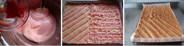 7、小小蛋糕卷～～派对里的宠儿,挤去裱花嘴前端的白色面糊不要，把粉色面糊挤在空余的部分并把整个烤盘填满，最后用小刮板把表面蛋糕面糊抹平。