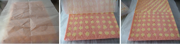 8、小小蛋糕卷～～派对里的宠儿,送入烤箱烘烤13～14分钟，取出后移到烤架上，另取一张干净的烤盘纸覆盖在表面后翻转蛋糕，使蛋糕底部朝上，接着撕开底部烤盘纸后盖在蛋糕表面，待其冷却。