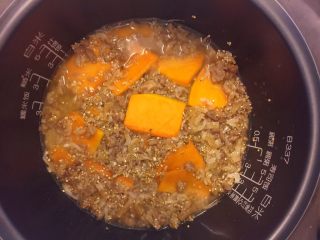 15、南瓜藜麦饭,转入电饭锅中，加适量盐和水，按正常煮饭程序煮熟。