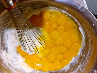 1、最靠谱的网红-蛋糕店里的肉松小贝,将鸡蛋的蛋黄、蛋白分离。确保蛋白的容器无水无油，蛋黄盆里筛入面粉