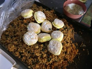 11、最靠谱的网红-蛋糕店里的肉松小贝,用刷子沾沙拉酱在做好的蛋糕上涂上一层沙拉酱，放到肉松上，再沾满肉松即可