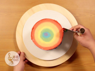 25、瑞士奶油霜 - 彩虹抹面蛋糕,25、顶部抹平后要再次用不锈钢刮板抹平蛋糕的侧面