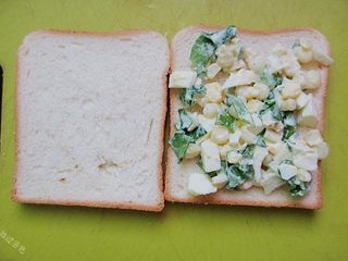 14、鸡蛋三明治,把馅料抹在土司片上，盖上一层土司