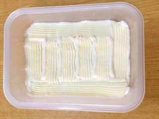 12、水果便当蛋糕,奶油装进裱花袋，在蛋糕片上裱上一层奶油。