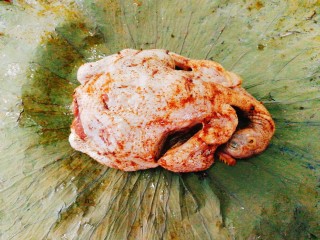 26、家庭版--叫花鸡,放入鸡在荷叶中间