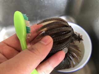 3、莲子无花果膨鱼腮扇骨汤,可以用干净的牙刷来清洁各片鱼腮之间缝隙里的杂质和沙子
