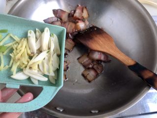 16、玉颜偶染尘世烟➕双椒白玉菇炒酱油肉,酱油肉煸炒出油脂，表面微焦，放入葱白姜丝蒜片，煸香