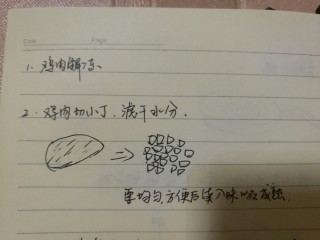 5、辣子鸡丁,鸡肉切丁,鸡胸肉很好切。大小随自己喜欢,但一定要均匀,方便一起熟,并且要控干水分,刚解冻的肉含水量高。(赶时间,好多照片没拍????)