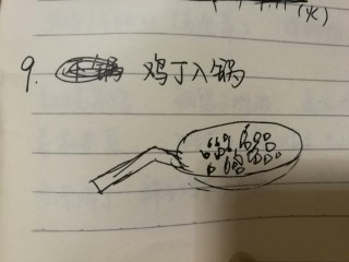 11、辣子鸡丁,爆香调料后,加入鸡丁翻炒2分钟。(上上一步骤尝过了盐味,这步骤可以进行调整)