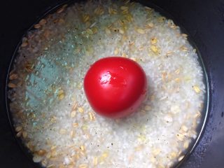 1、【孤独美食家】一个番茄饭,米淘洗干净，沥干水，倒入水（水量可以比平时少一丁点，因为番茄煮的时候会出水），然后倒入所有调味料，用勺子搅匀，中间摆一个番茄，按平时煮饭的程序开煮～