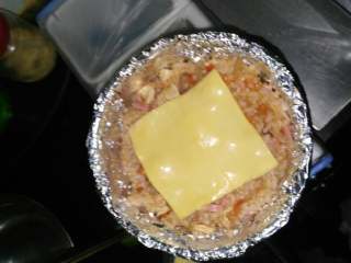 7、鸡肉番茄芝士焗饭,一层饭，一层芝士，两层即可