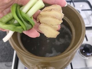 10、木瓜炖蟲草花肉骨汤,换个砂锅煮开，将生姜和葱结放进来
