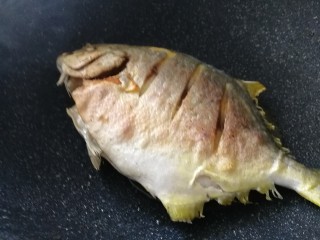 10、红烧鲳鱼焖茄条,煎好的鱼,煎至两面金黄色。