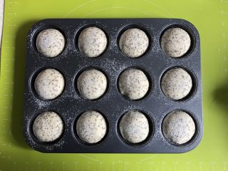 12、奇亚籽无糖小面包,发酵好的面团基本满模，筛上一层薄薄的高筋面粉