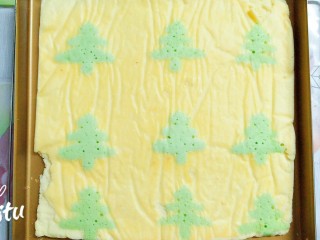 13、圣诞树裸蛋糕卷,这是挤有圣诞树的底下那面，由于撕油纸的时候，不小心把左边撕掉了一点点！整体看起来还不错！